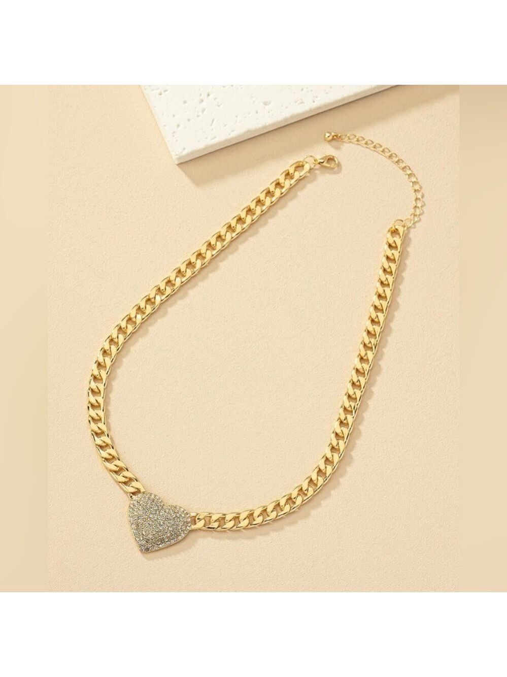 Gold Rhinestone Heart Pendant Necklace - Picture 3 of 4